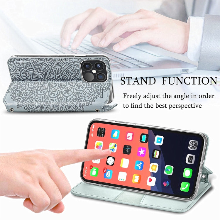 For iPhone 13 Pro Max  Blooming Mandala Embossed Pattern Magnetic Horizontal Flip Leather Case with Holder & Card Slots & Wallet
