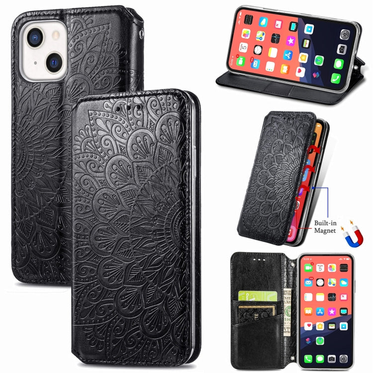For iPhone 13 Blooming Mandala Embossed Pattern Magnetic Horizontal Flip Leather Case with Holder & Card Slots & Wallet