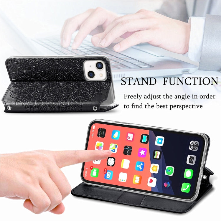 For iPhone 13 Blooming Mandala Embossed Pattern Magnetic Horizontal Flip Leather Case with Holder & Card Slots & Wallet