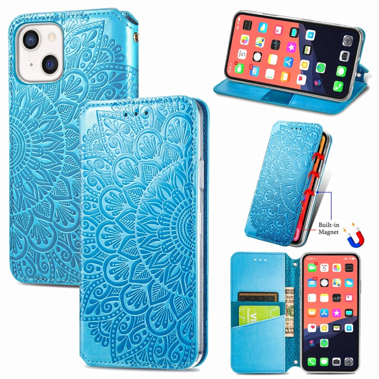 For iPhone 13 Blooming Mandala Embossed Pattern Magnetic Horizontal Flip Leather Case with Holder & Card Slots & Wallet