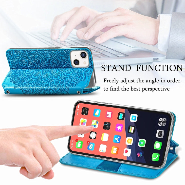For iPhone 13 Blooming Mandala Embossed Pattern Magnetic Horizontal Flip Leather Case with Holder & Card Slots & Wallet