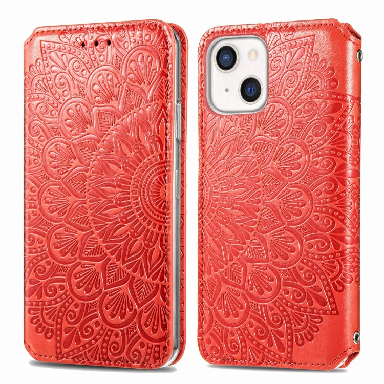 For iPhone 13 Blooming Mandala Embossed Pattern Magnetic Horizontal Flip Leather Case with Holder & Card Slots & Wallet