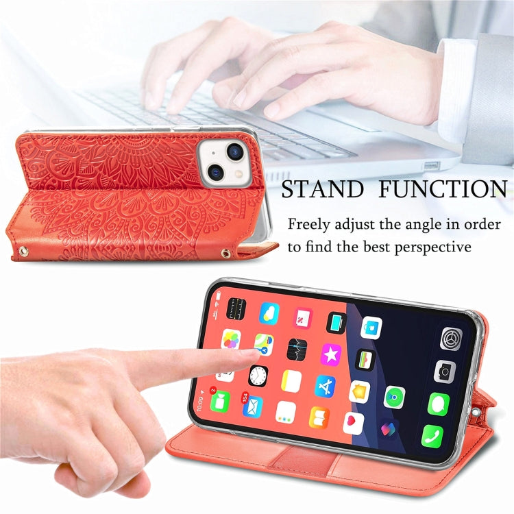 For iPhone 13 Blooming Mandala Embossed Pattern Magnetic Horizontal Flip Leather Case with Holder & Card Slots & Wallet