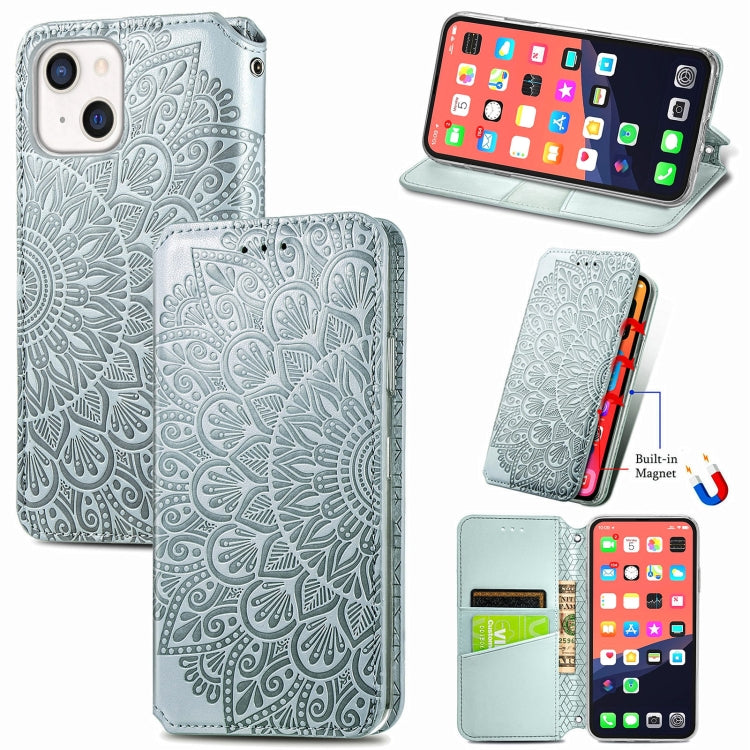 For iPhone 13 Blooming Mandala Embossed Pattern Magnetic Horizontal Flip Leather Case with Holder & Card Slots & Wallet