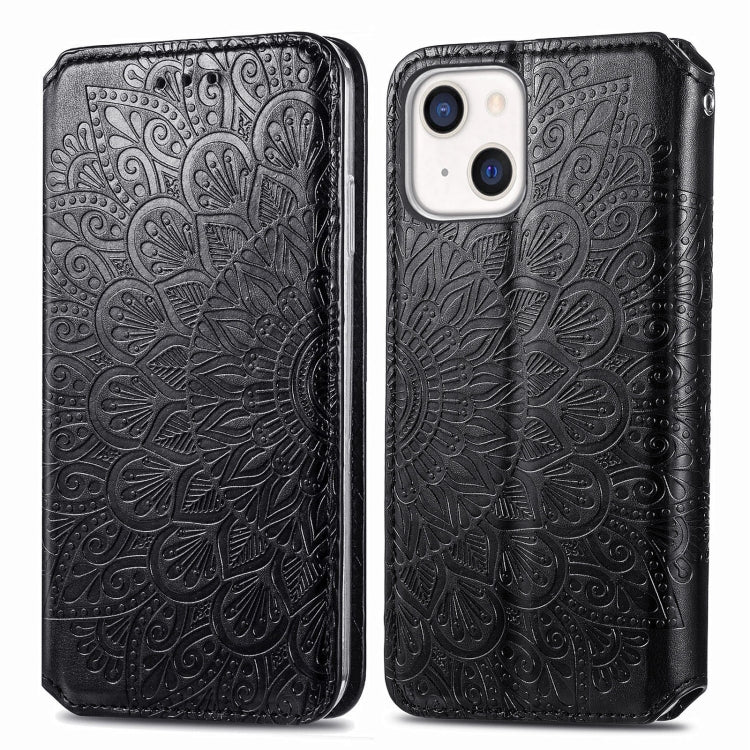 For iPhone 13 mini  Blooming Mandala Embossed Pattern Magnetic Horizontal Flip Leather Case with Holder & Card Slots & Wallet