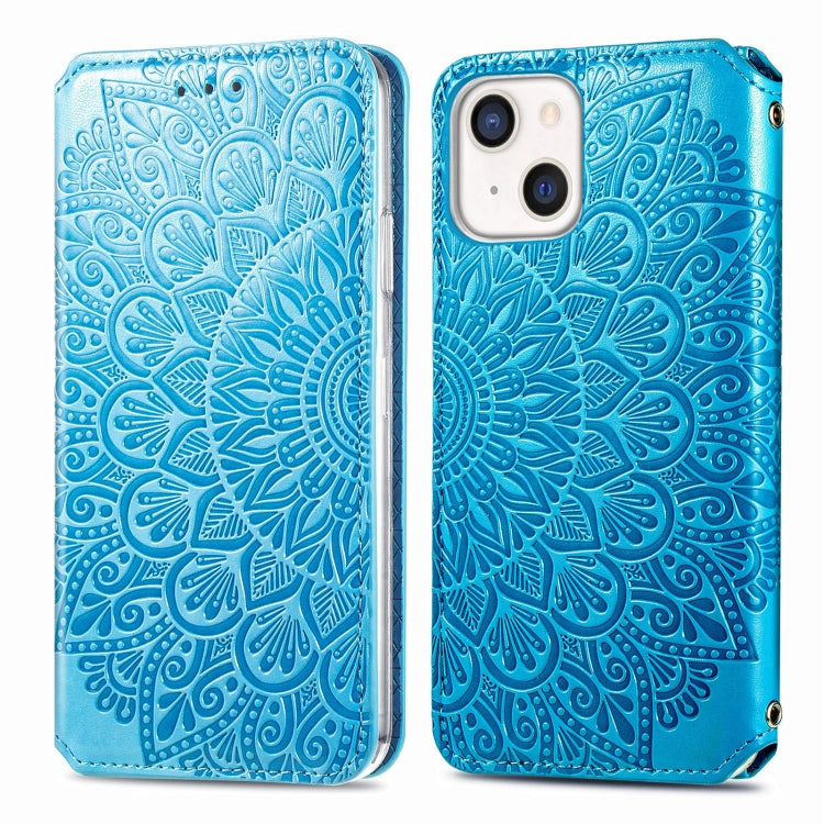 For iPhone 13 mini  Blooming Mandala Embossed Pattern Magnetic Horizontal Flip Leather Case with Holder & Card Slots & Wallet