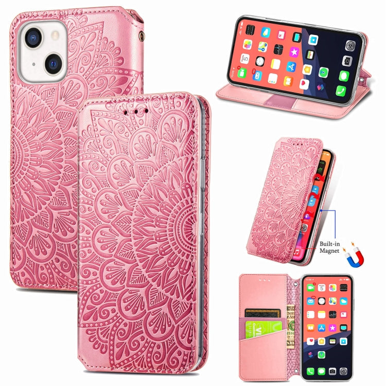 For iPhone 13 mini  Blooming Mandala Embossed Pattern Magnetic Horizontal Flip Leather Case with Holder & Card Slots & Wallet