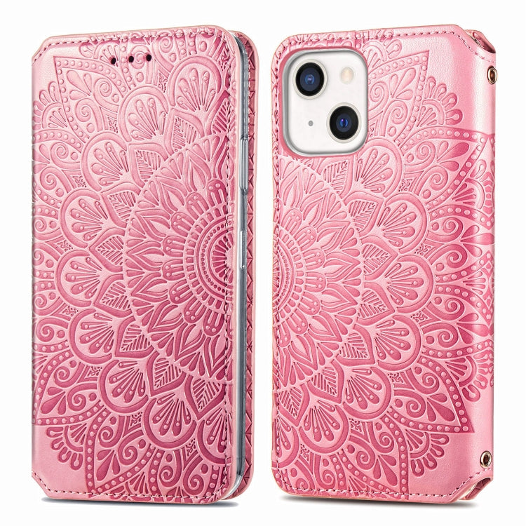 For iPhone 13 mini  Blooming Mandala Embossed Pattern Magnetic Horizontal Flip Leather Case with Holder & Card Slots & Wallet