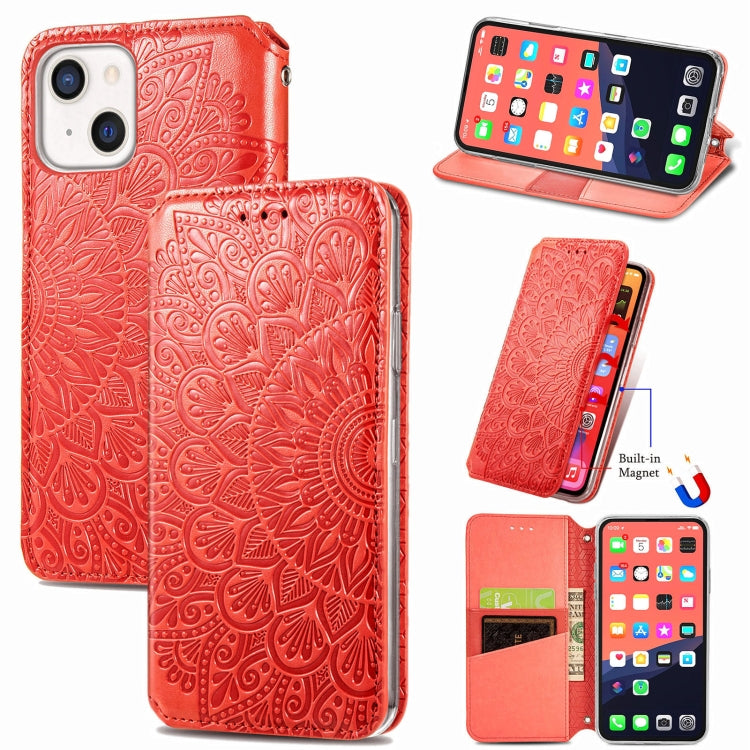 For iPhone 13 mini  Blooming Mandala Embossed Pattern Magnetic Horizontal Flip Leather Case with Holder & Card Slots & Wallet