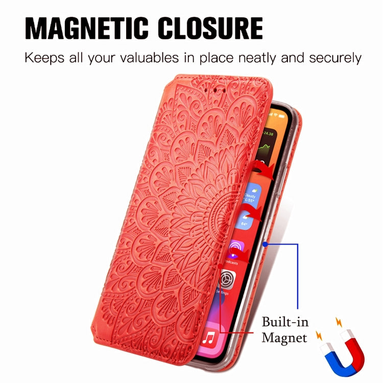For iPhone 13 mini  Blooming Mandala Embossed Pattern Magnetic Horizontal Flip Leather Case with Holder & Card Slots & Wallet