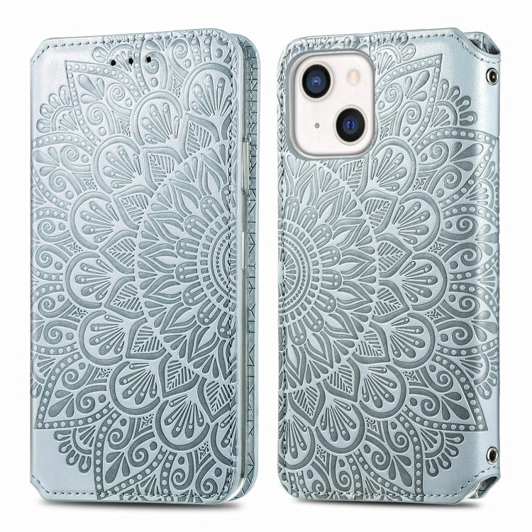 For iPhone 13 mini  Blooming Mandala Embossed Pattern Magnetic Horizontal Flip Leather Case with Holder & Card Slots & Wallet