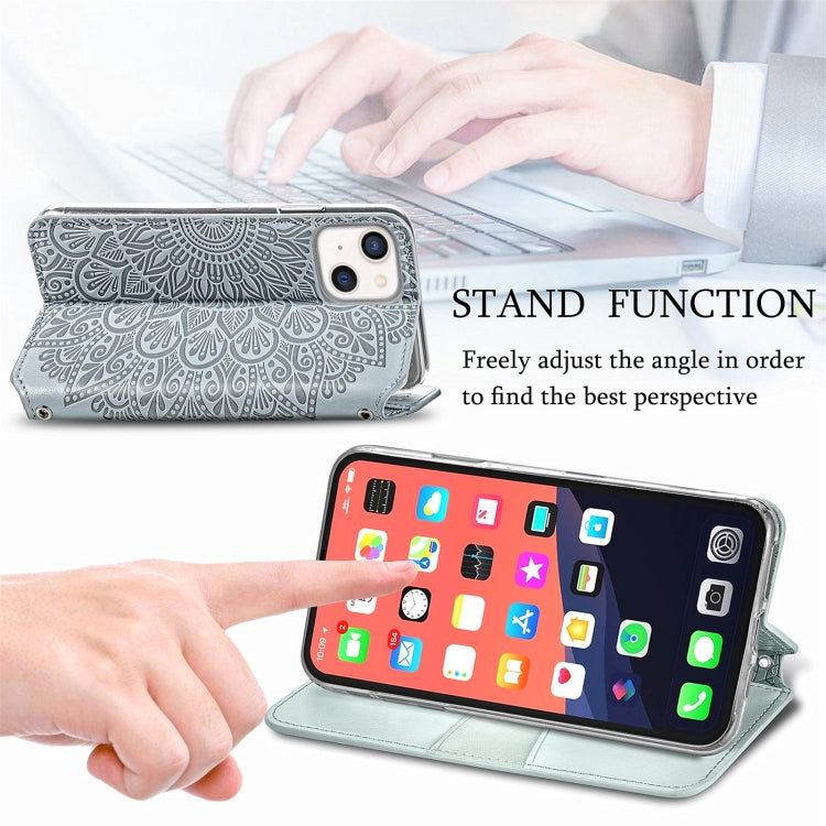 For iPhone 13 mini  Blooming Mandala Embossed Pattern Magnetic Horizontal Flip Leather Case with Holder & Card Slots & Wallet