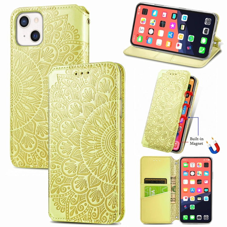 For iPhone 13 mini  Blooming Mandala Embossed Pattern Magnetic Horizontal Flip Leather Case with Holder & Card Slots & Wallet