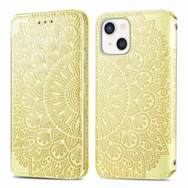 For iPhone 13 mini  Blooming Mandala Embossed Pattern Magnetic Horizontal Flip Leather Case with Holder & Card Slots & Wallet