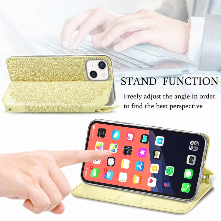 For iPhone 13 mini  Blooming Mandala Embossed Pattern Magnetic Horizontal Flip Leather Case with Holder & Card Slots & Wallet