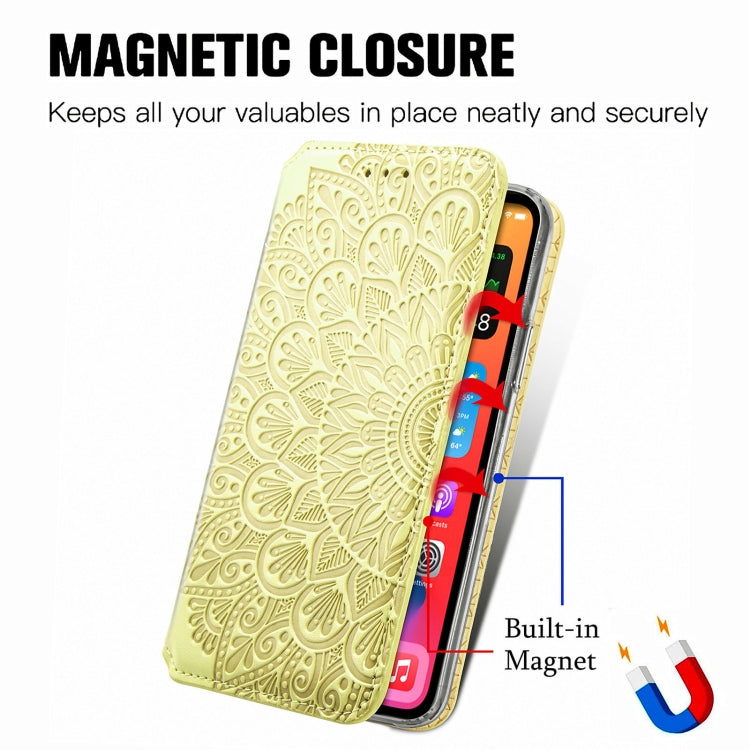 For iPhone 13 mini  Blooming Mandala Embossed Pattern Magnetic Horizontal Flip Leather Case with Holder & Card Slots & Wallet