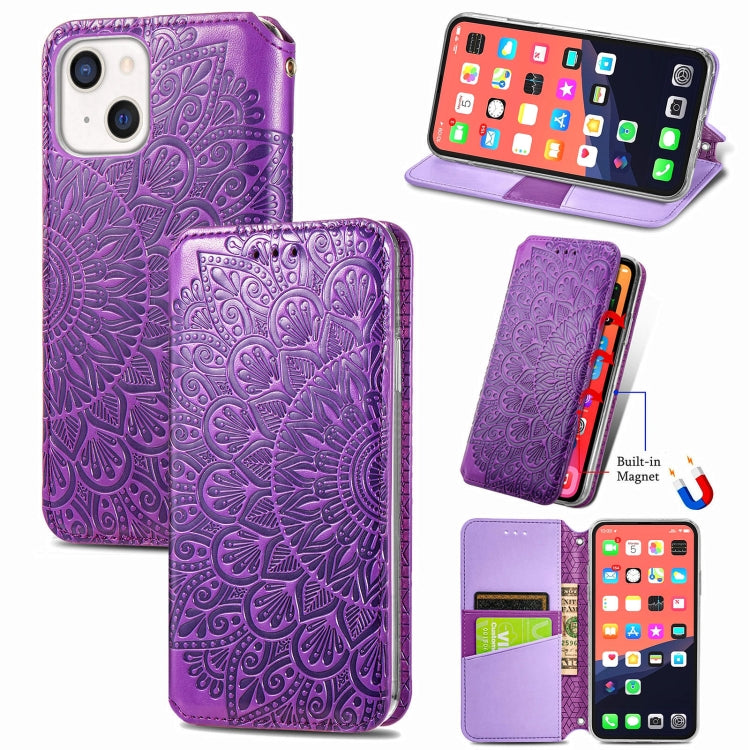 For iPhone 13 mini  Blooming Mandala Embossed Pattern Magnetic Horizontal Flip Leather Case with Holder & Card Slots & Wallet