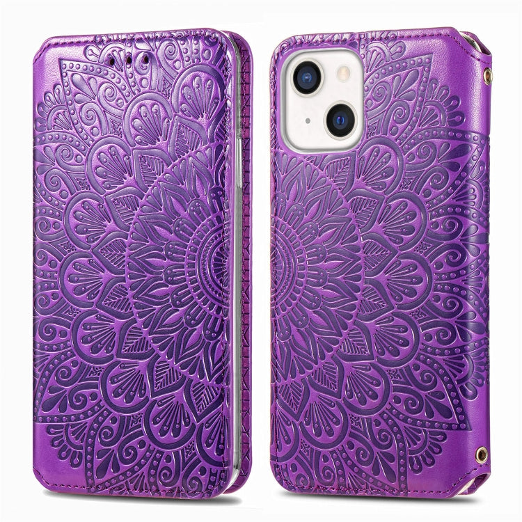 For iPhone 13 mini  Blooming Mandala Embossed Pattern Magnetic Horizontal Flip Leather Case with Holder & Card Slots & Wallet