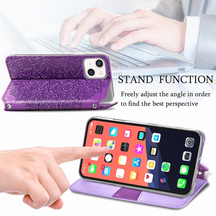For iPhone 13 mini  Blooming Mandala Embossed Pattern Magnetic Horizontal Flip Leather Case with Holder & Card Slots & Wallet