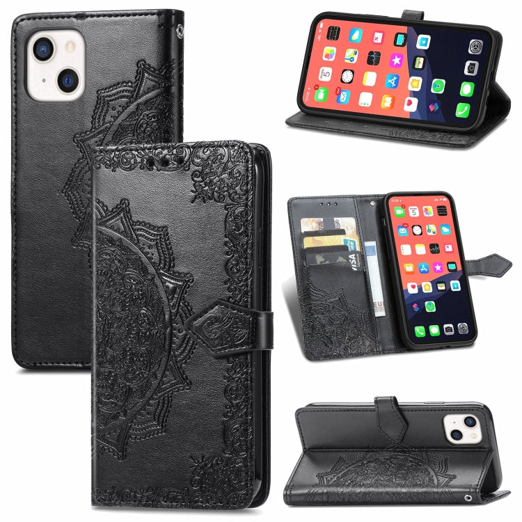 For iPhone 13 Mandala Flower Embossed Horizontal Flip Leather Case with Holder & Three Card Slots & Wallet & Lanyard