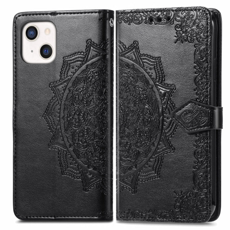 For iPhone 13 Mandala Flower Embossed Horizontal Flip Leather Case with Holder & Three Card Slots & Wallet & Lanyard