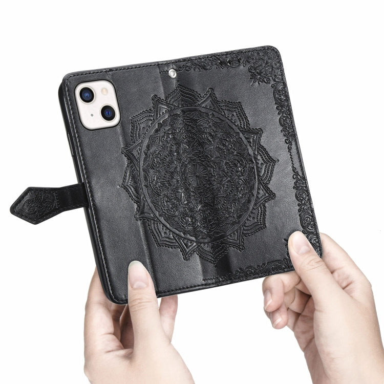 For iPhone 13 Mandala Flower Embossed Horizontal Flip Leather Case with Holder & Three Card Slots & Wallet & Lanyard