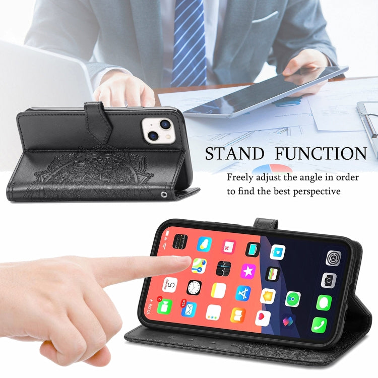 For iPhone 13 Mandala Flower Embossed Horizontal Flip Leather Case with Holder & Three Card Slots & Wallet & Lanyard