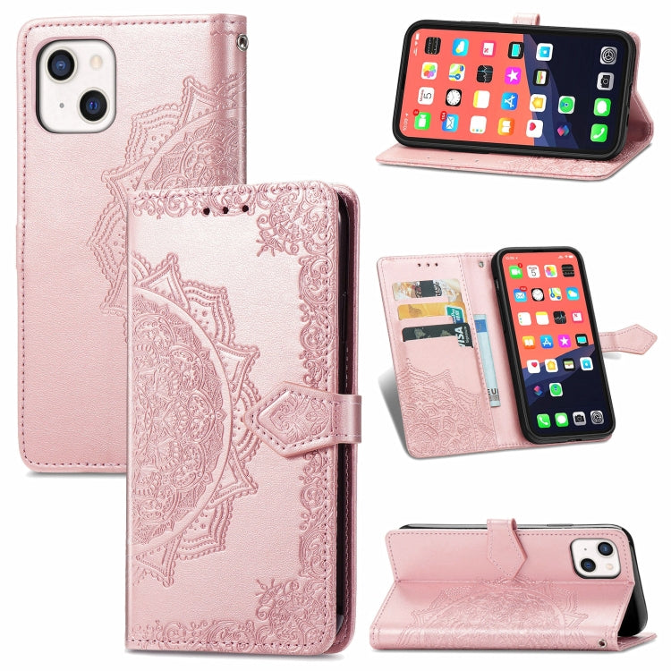 For iPhone 13 Mandala Flower Embossed Horizontal Flip Leather Case with Holder & Three Card Slots & Wallet & Lanyard