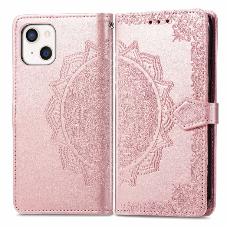 For iPhone 13 Mandala Flower Embossed Horizontal Flip Leather Case with Holder & Three Card Slots & Wallet & Lanyard