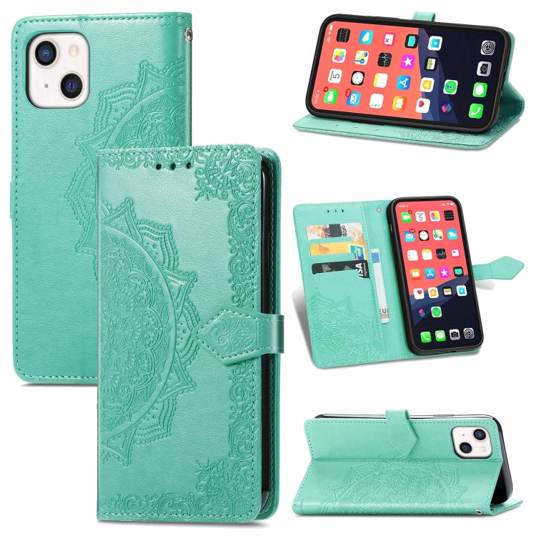 For iPhone 13 Mandala Flower Embossed Horizontal Flip Leather Case with Holder & Three Card Slots & Wallet & Lanyard