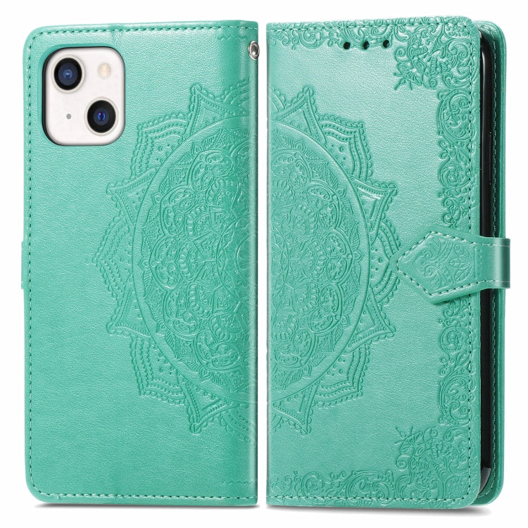 For iPhone 13 Mandala Flower Embossed Horizontal Flip Leather Case with Holder & Three Card Slots & Wallet & Lanyard