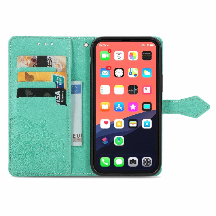 For iPhone 13 Mandala Flower Embossed Horizontal Flip Leather Case with Holder & Three Card Slots & Wallet & Lanyard