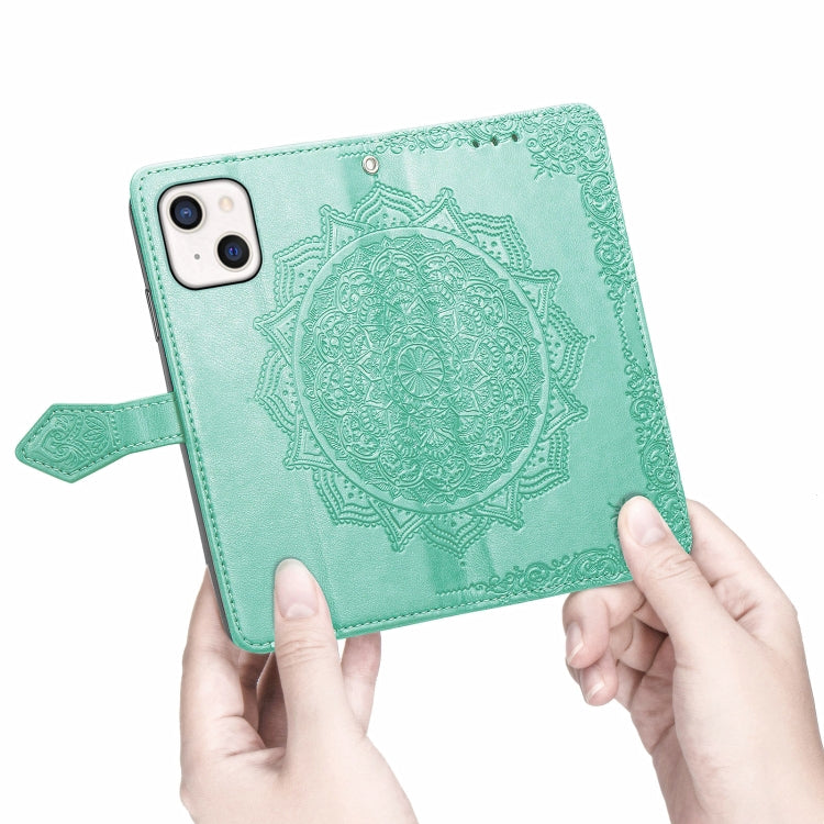 For iPhone 13 Mandala Flower Embossed Horizontal Flip Leather Case with Holder & Three Card Slots & Wallet & Lanyard