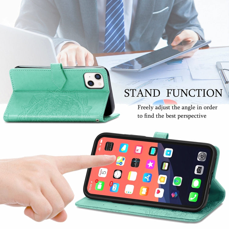 For iPhone 13 Mandala Flower Embossed Horizontal Flip Leather Case with Holder & Three Card Slots & Wallet & Lanyard