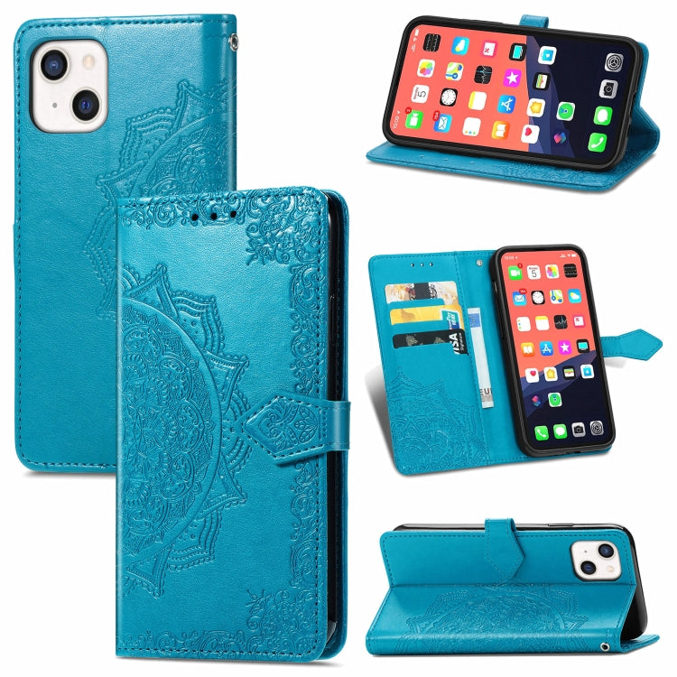 For iPhone 13 Mandala Flower Embossed Horizontal Flip Leather Case with Holder & Three Card Slots & Wallet & Lanyard