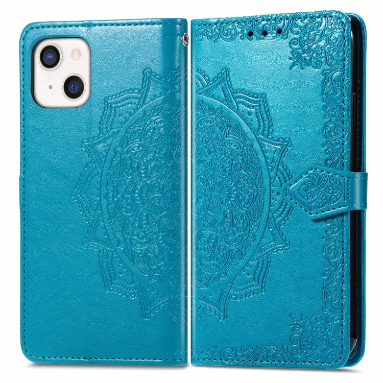 For iPhone 13 Mandala Flower Embossed Horizontal Flip Leather Case with Holder & Three Card Slots & Wallet & Lanyard