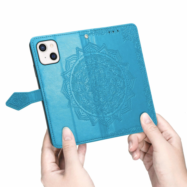 For iPhone 13 Mandala Flower Embossed Horizontal Flip Leather Case with Holder & Three Card Slots & Wallet & Lanyard
