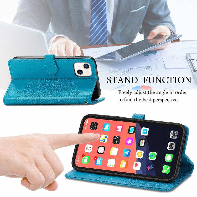 For iPhone 13 Mandala Flower Embossed Horizontal Flip Leather Case with Holder & Three Card Slots & Wallet & Lanyard