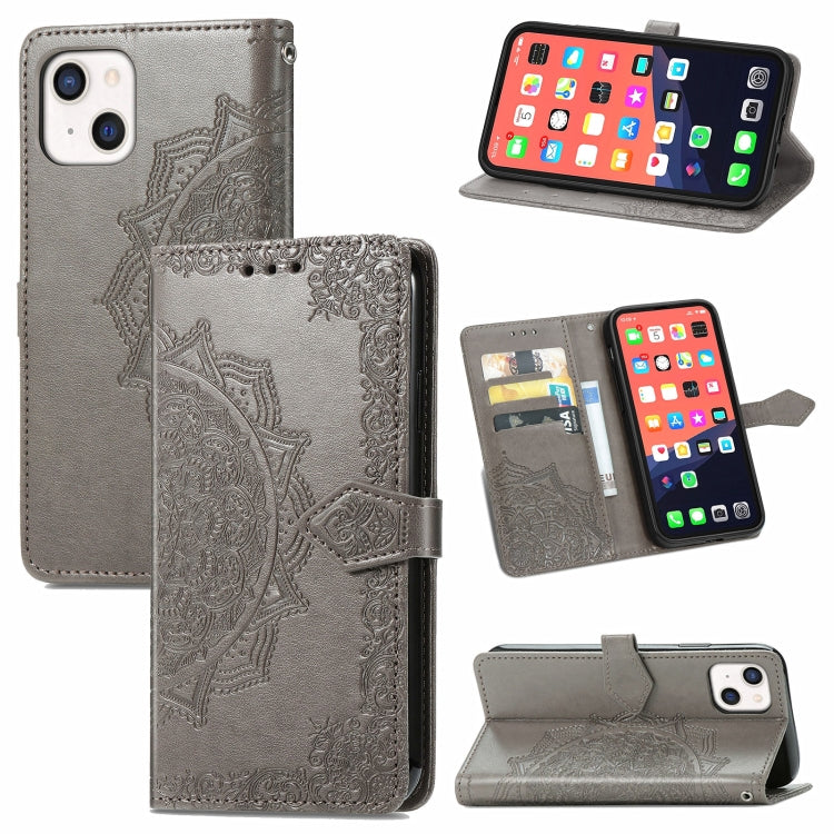 For iPhone 13 Mandala Flower Embossed Horizontal Flip Leather Case with Holder & Three Card Slots & Wallet & Lanyard