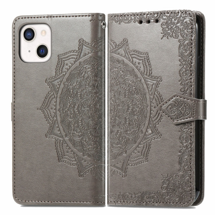 For iPhone 13 Mandala Flower Embossed Horizontal Flip Leather Case with Holder & Three Card Slots & Wallet & Lanyard
