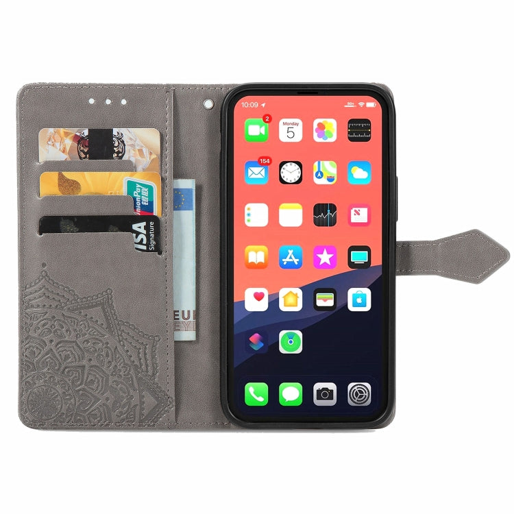 For iPhone 13 Mandala Flower Embossed Horizontal Flip Leather Case with Holder & Three Card Slots & Wallet & Lanyard