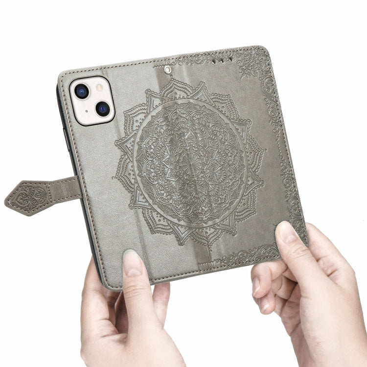 For iPhone 13 Mandala Flower Embossed Horizontal Flip Leather Case with Holder & Three Card Slots & Wallet & Lanyard