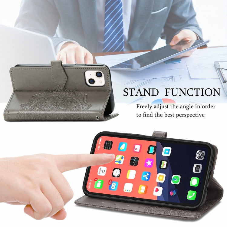 For iPhone 13 Mandala Flower Embossed Horizontal Flip Leather Case with Holder & Three Card Slots & Wallet & Lanyard