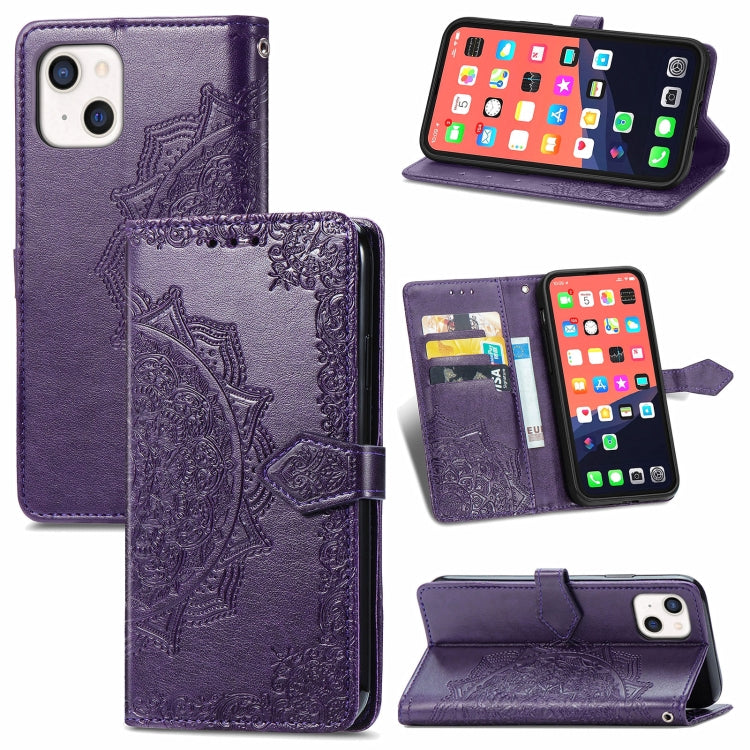 For iPhone 13 Mandala Flower Embossed Horizontal Flip Leather Case with Holder & Three Card Slots & Wallet & Lanyard