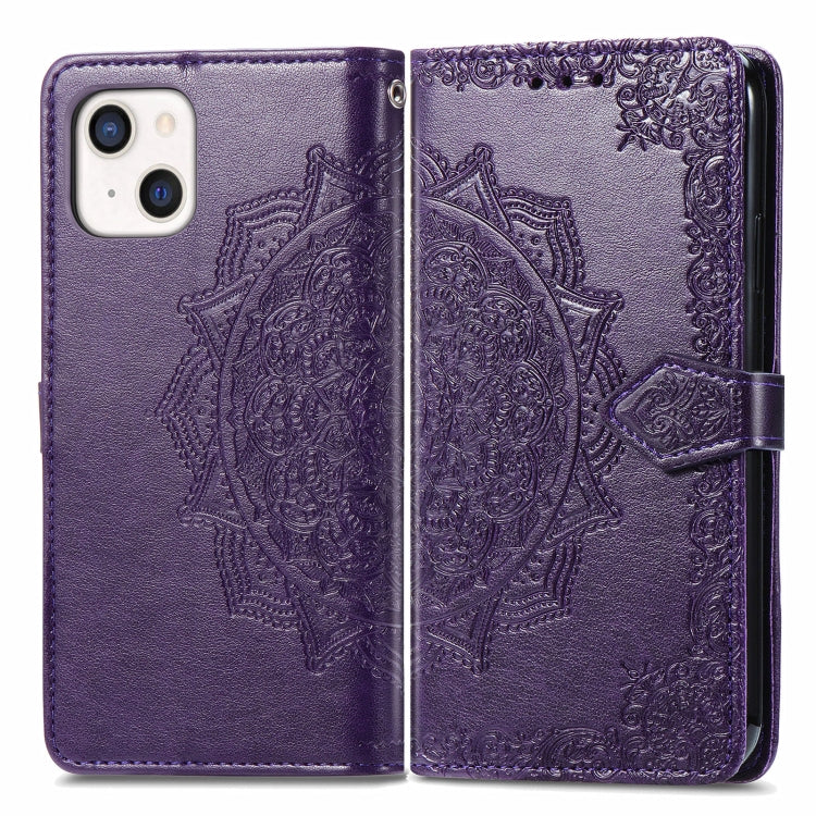 For iPhone 13 Mandala Flower Embossed Horizontal Flip Leather Case with Holder & Three Card Slots & Wallet & Lanyard