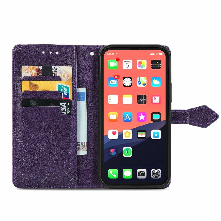 For iPhone 13 Mandala Flower Embossed Horizontal Flip Leather Case with Holder & Three Card Slots & Wallet & Lanyard