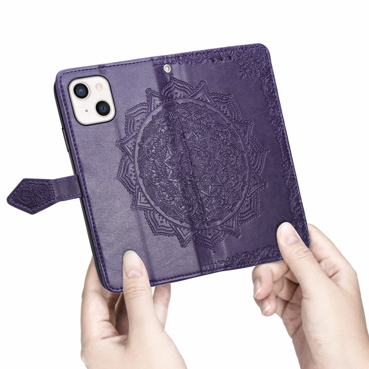 For iPhone 13 Mandala Flower Embossed Horizontal Flip Leather Case with Holder & Three Card Slots & Wallet & Lanyard
