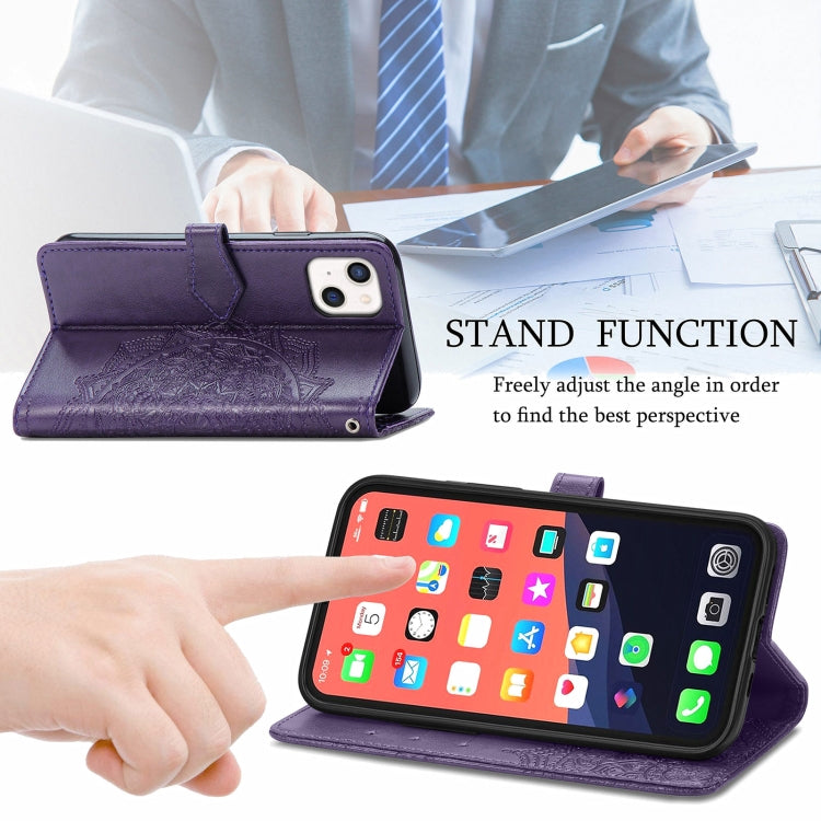 For iPhone 13 Mandala Flower Embossed Horizontal Flip Leather Case with Holder & Three Card Slots & Wallet & Lanyard