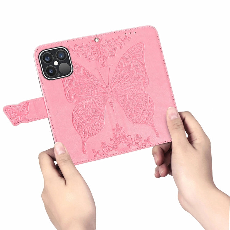 For iPhone 13 Pro Butterfly Love Flower Embossed Horizontal Flip Leather Case with Bracket / Card Slot / Wallet / Lanyard