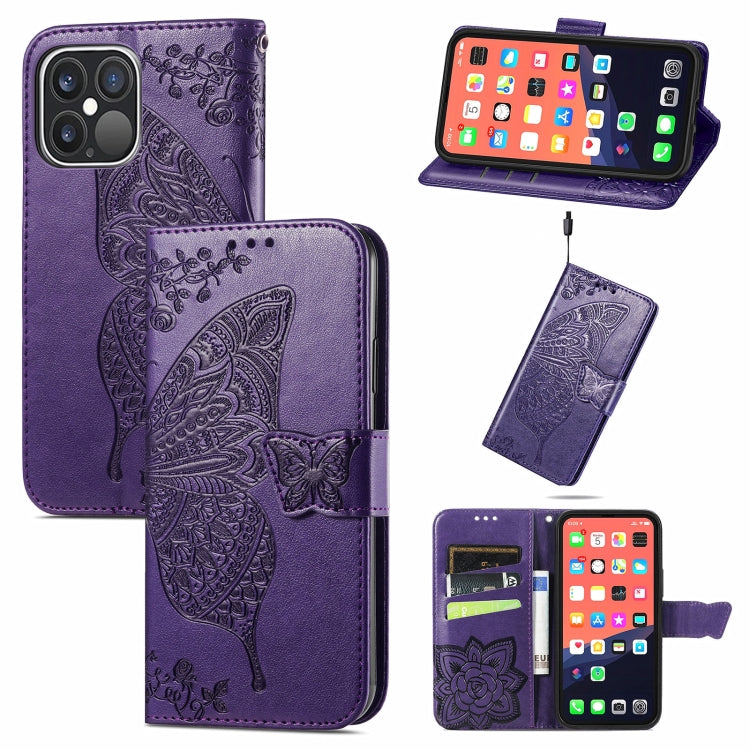 For iPhone 13 Pro Butterfly Love Flower Embossed Horizontal Flip Leather Case with Bracket / Card Slot / Wallet / Lanyard